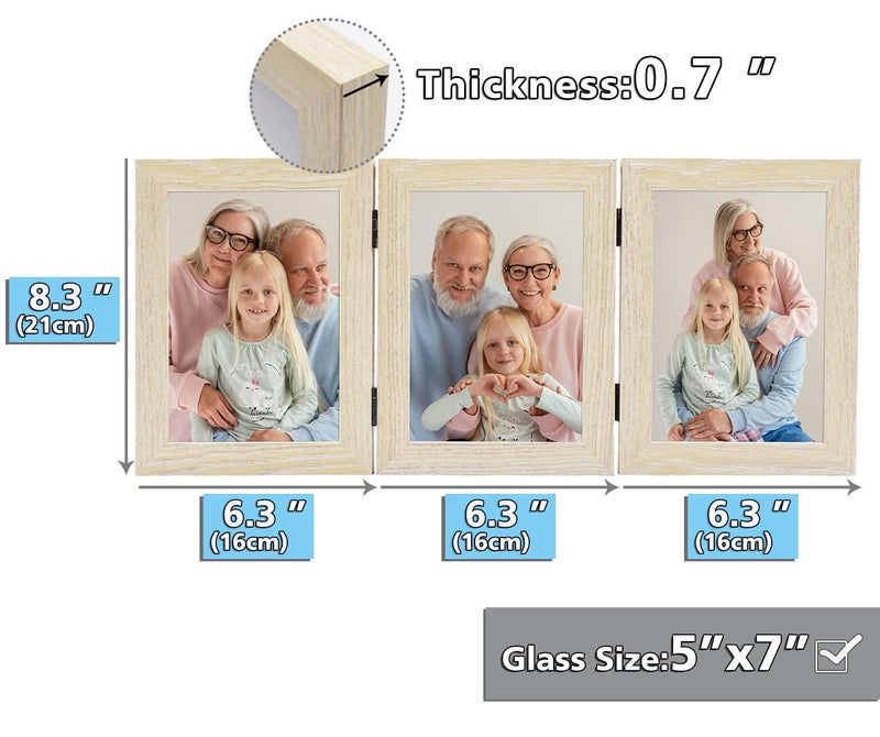 Frametory, 3 Picture Frames 5x7 Trifold Photo Frames Collage - Real Glass - Triple Folding (Natural, 1 Pack) - Image 4